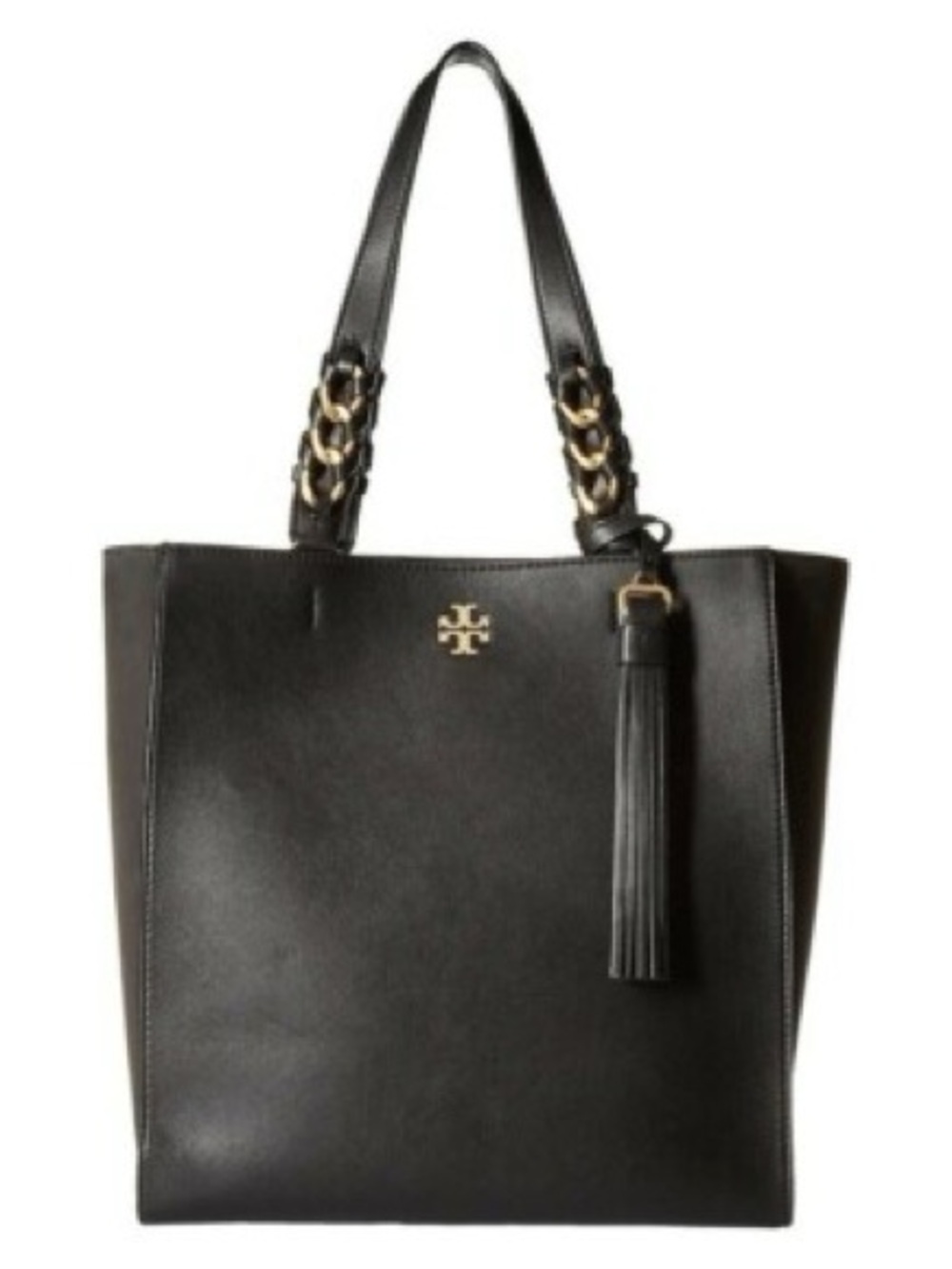 Tory Burch Black Leather Brooke Tote with Gold Chain Tassel